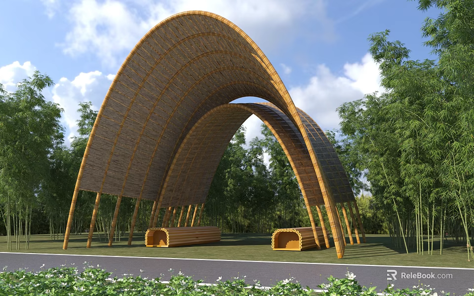 Curved Arched Wooden Pergola With Garden Benches In Lush Green Garden 3d model 