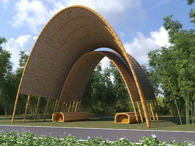 Curved Arched Wooden Pergola With Garden Benches In Lush Green Garden 3d model