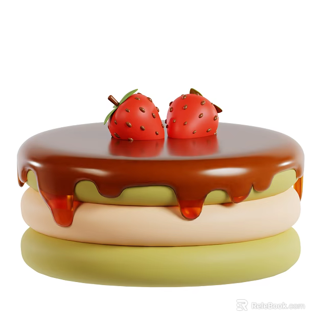 Layered Cake with Green and Beige Layers Chocolate Drizzle and Fresh Strawberries on Top 3d model 