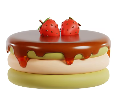 Layered Cake with Green and Beige Layers Chocolate Drizzle and Fresh Strawberries on Top 3d model