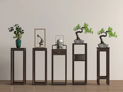 Chinese Style Wooden Plant Stands With Potted Plants Bonsai And Metal Decor 3d model