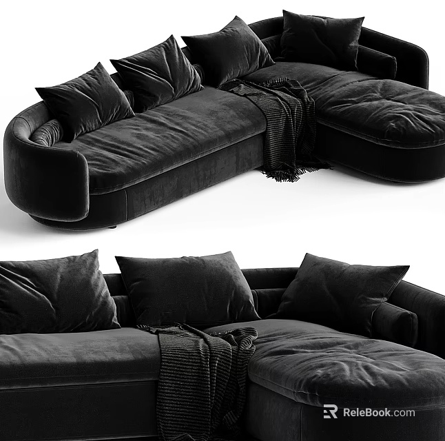 Black Velvet L Shaped Sectional Sofa with Plush Pillows and Soft Throw Blanket 3d model 