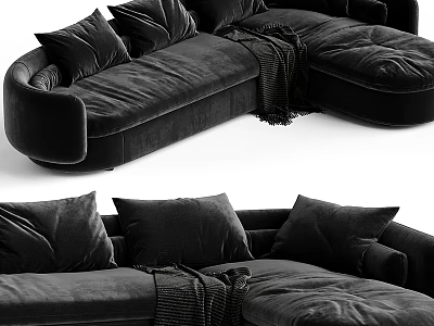 Black Velvet L Shaped Sectional Sofa with Plush Pillows and Soft Throw Blanket 3d model