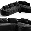 Black Velvet L Shaped Sectional Sofa with Plush Pillows and Soft Throw Blanket