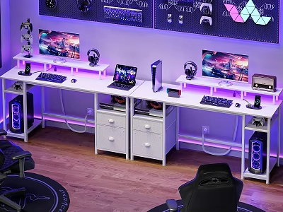 Modern Gaming Desk With Dual Monitors Laptop RGB Lighting Keyboard Headphones And PC Case 3d model
