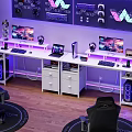 Modern Gaming Desk With Dual Monitors Laptop RGB Lighting Keyboard Headphones And PC Case