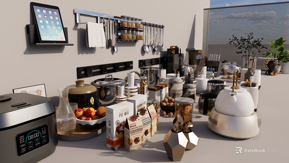Stylish Kitchen Utensils Display on Countertop with Pots Pans Spices and Appliances 3d model 