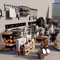 Stylish Kitchen Utensils Display on Countertop with Pots Pans Spices and Appliances