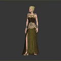 Elegant Woman With Blonde Hair Wearing Green Long Dress And Decorative Jewelry Standing Pose