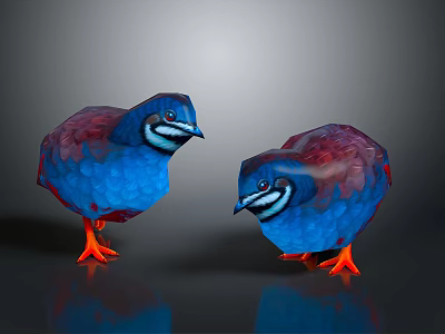Two Vibrant Blue And Red Birds With Orange Feet On Dark 3D Background Reflections 3d model