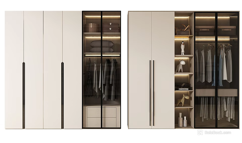 Modern White Wardrobes With Glass Doors Clothing Racks Drawers And Storage Shelves 3d model 