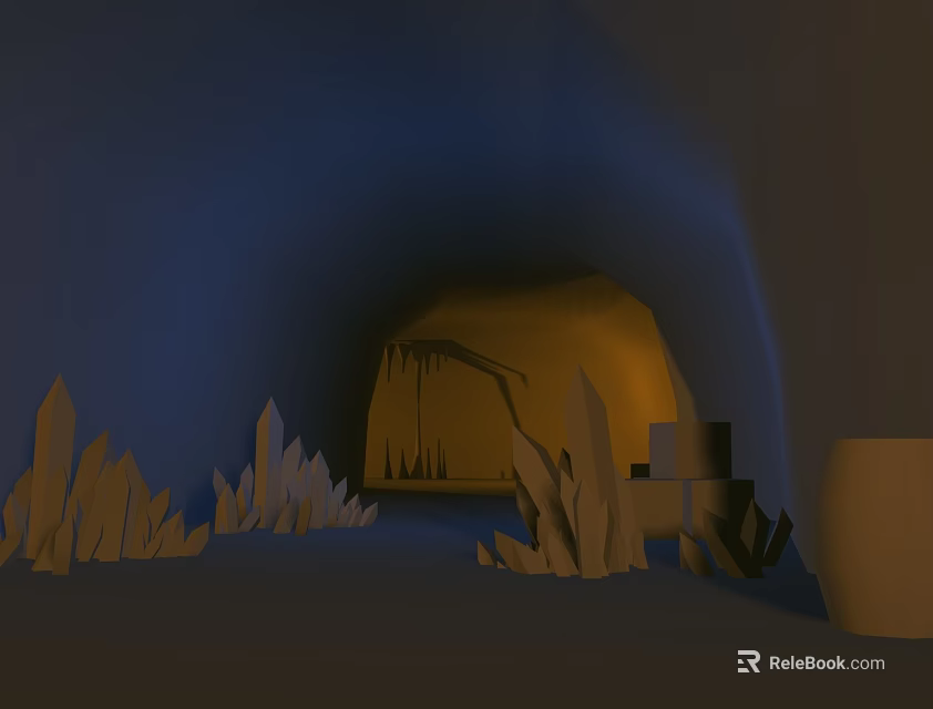 Cartoon Cave Scene With Yellow Light Crystal Rock Formations And Geometric Stone Blocks 3d model 