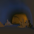 Cartoon Cave Scene With Yellow Light Crystal Rock Formations And Geometric Stone Blocks