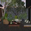 Cozy Courtyard Garden With Wooden Deck Sofa Coffee Table Fireplace Lush Green Plants And Lanterns