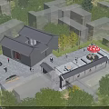 Ancient Traditional Architecture Courtyard with Gray Tile Roof Red Umbrella Seating Trees Pedestrians and Vehicles