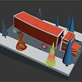 Red Truck Driving Through Snowy Ground With Blue Cone Shaped Trees