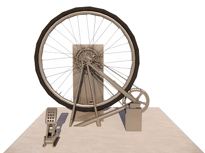 Vintage Mechanical Device Featuring Large Bicycle Wheel Pedal And Metal Frame 3d model