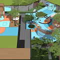 Fun Children's Play Area With Slide Water Pool Dome Structure And Green Plants