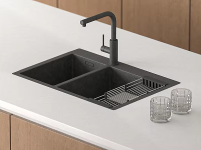 Black Double Bowl Kitchen Sink With Faucet On White Countertop And Wooden Cabinets 3d model