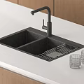 Black Double Bowl Kitchen Sink With Faucet On White Countertop And Wooden Cabinets