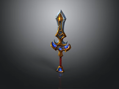 Ornate Fantasy Sword With Golden Accents Blue Gemstones And Red Hilt 3d model