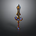 Ornate Fantasy Sword With Golden Accents Blue Gemstones And Red Hilt