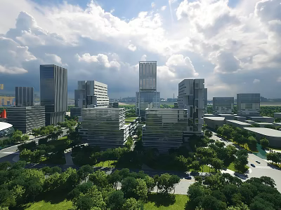Modern Office Buildings in Urban Landscape With Green Trees and Tall Structures 3d model