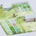 Idyllic Rural Landscape With Cottages Vegetable Gardens Fruit Trees Paths And Fence