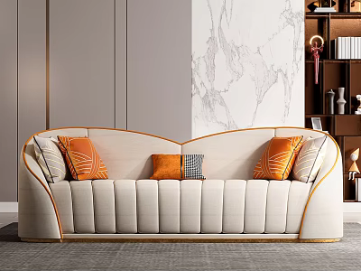 Modern Beige Sectional Sofa With Tufted Design And Orange Cushions 3d model