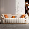 Modern Beige Sectional Sofa With Tufted Design And Orange Cushions 3d model
