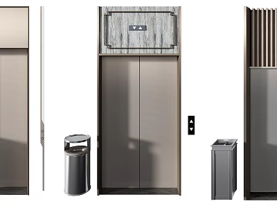 Modern Elevator Design With Metal Panel Doors And Side Trash Bin 3d model