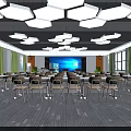 Modern Conference Room Interior With Arranged Tables Chairs Large Screen And Geometric Lights