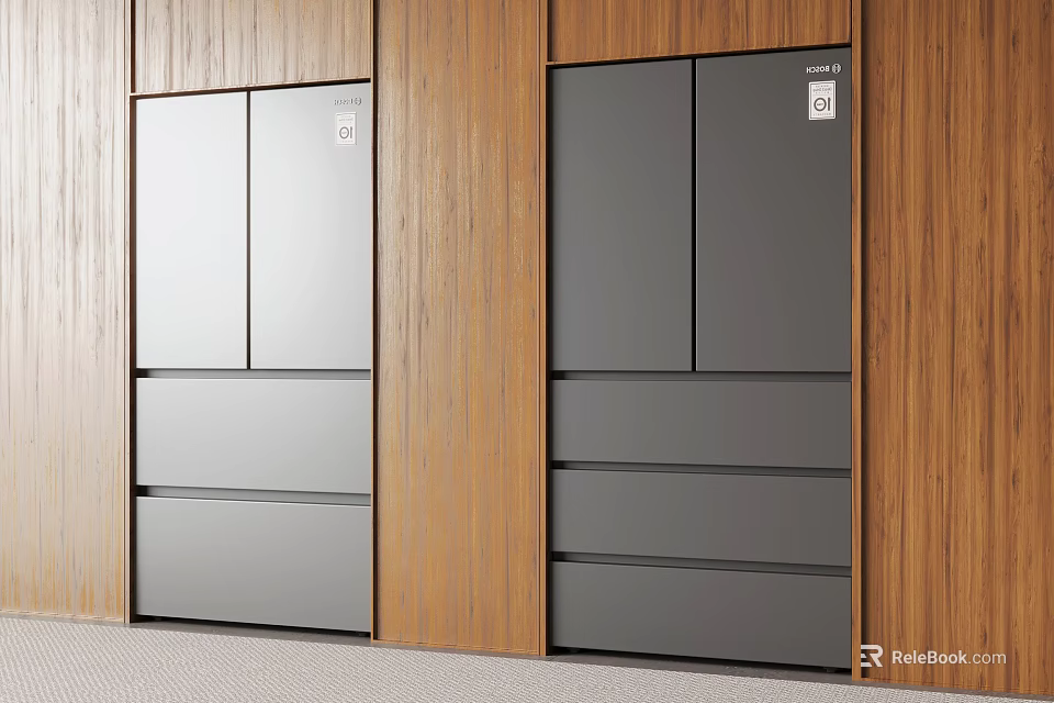 Modern Built in Fridge Freezers With Double Doors And Drawers In Wooden Panel Kitchen 3d model 