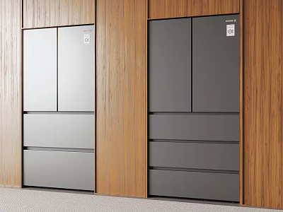 Modern Built in Fridge Freezers With Double Doors And Drawers In Wooden Panel Kitchen 3d model
