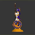 Woman Figure in Gold and Purple Outfit Holding Staff and Shield on Golden Base