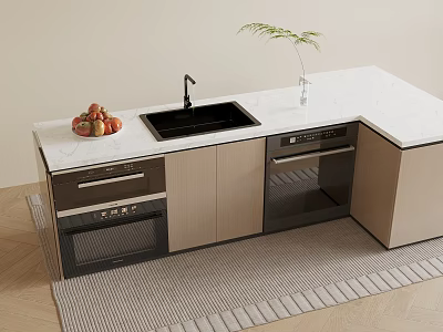 Modern Kitchen With Built In Oven Dishwasher And White Countertop With Fruits And Plant 3d model