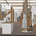 Modern Clothing Store Interior With Mannequins In Dresses And Wooden Display Racks