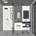 Modern Bathroom Interior Design With Marble Tiles Shower Area Vanity Mirror And Storage Cabinets