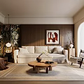 Modern Living Room Interior Featuring Beige Sofa Wooden Coffee Table Decorative Painting And Floor Lamp