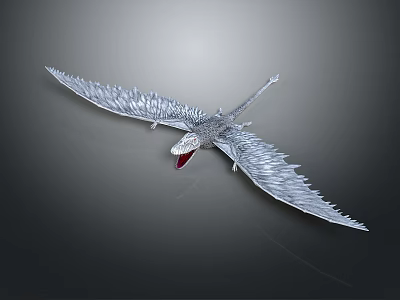 Silver Pterosaur Model Flying With Spread Wings And Open Red Mouth 3d model