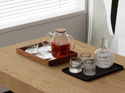 Glass Cups With Ice And Red Beverage On Wooden Tray And Black Tray 3d model