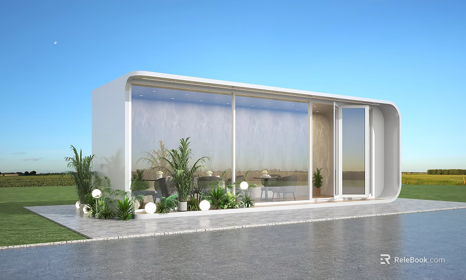 Modern Sales Office Building With White Exterior Large Glass Windows And Green Plants 3d model 