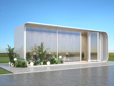 Modern Sales Office Building With White Exterior Large Glass Windows And Green Plants 3d model