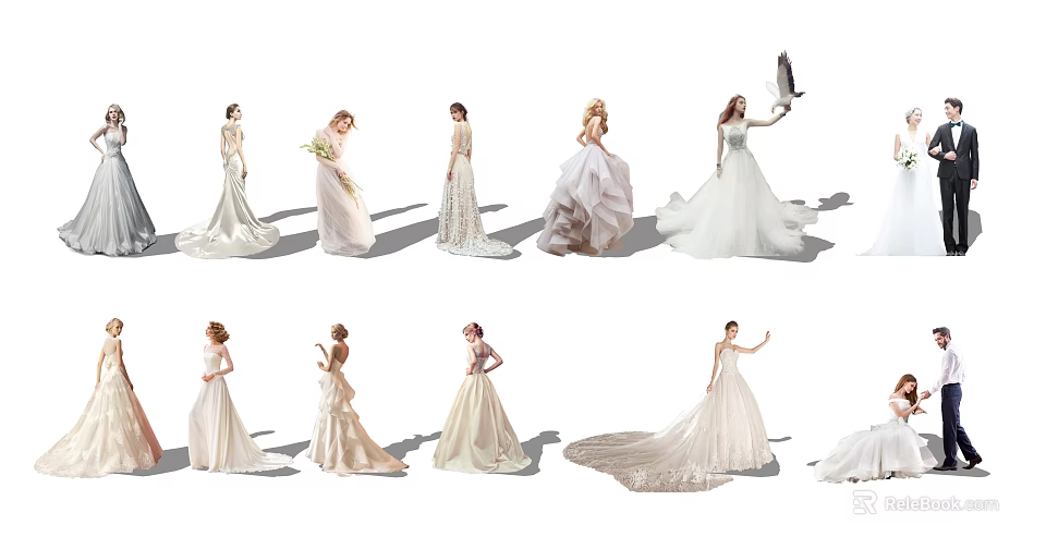 Group Of Women In Various Style Wedding Dresses With Long Trains And Lace Details 3d model 