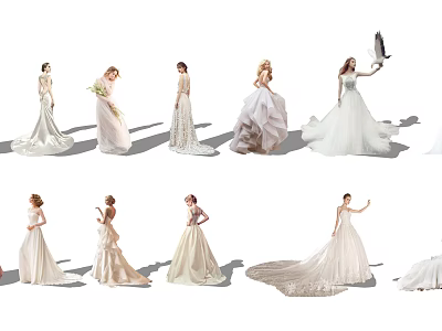 Group Of Women In Various Style Wedding Dresses With Long Trains And Lace Details 3d model