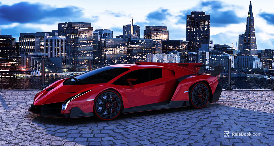 Red Sports Car Parked On Cobblestone Road With Urban City Skyline At Night 3d model 