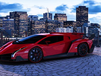 Red Sports Car Parked On Cobblestone Road With Urban City Skyline At Night 3d model