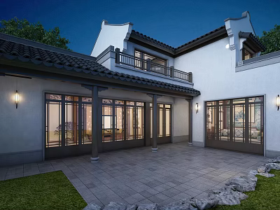 Chinese Style Detached Villa With Courtyard Tile Roof Large Windows Evening Lighting Stone Paved Lawn 3d model