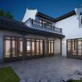 Chinese Style Detached Villa With Courtyard Tile Roof Large Windows Evening Lighting Stone Paved Lawn