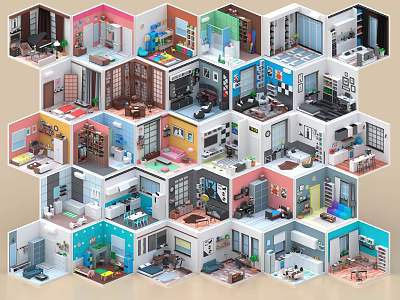 Aerial View Planning of Various Interior Rooms with Detailed Layout and Furniture 3d model
